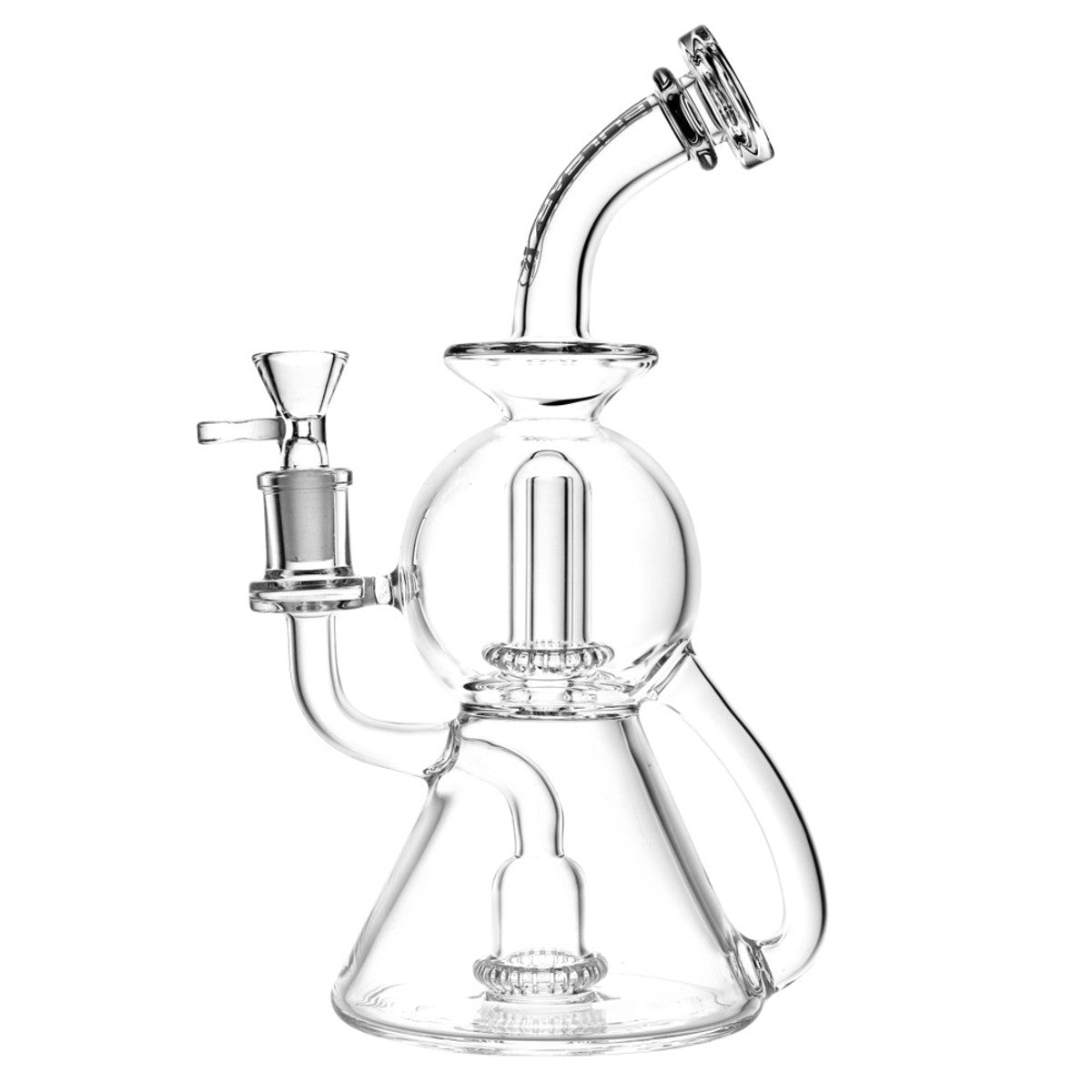 A three-quarter view of the Pulsar "The Thinker" Geometric Recycler Water Pipe, showcasing its clear glass construction and unique angled design.