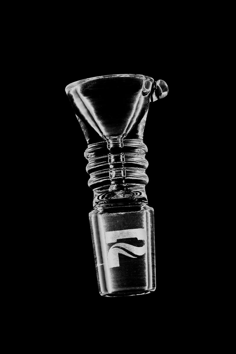 Close-up of a clear Pulsar Glass Slide Bowl shown upright against a black background, highlighting its ribbed neck and logo.