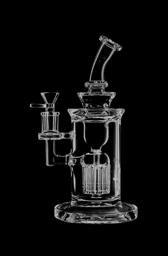 A front view of the Pulsar Glass Tree Perc Recycler Water Pipe, showcasing its clear glass construction and intricate perc design.