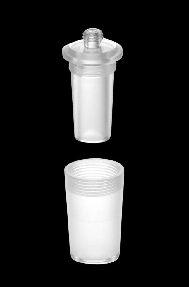 Vertical studio shot of two frosted plastic pieces aligned to show threading and fit for the Pulsar H2O Series Bong Adapter