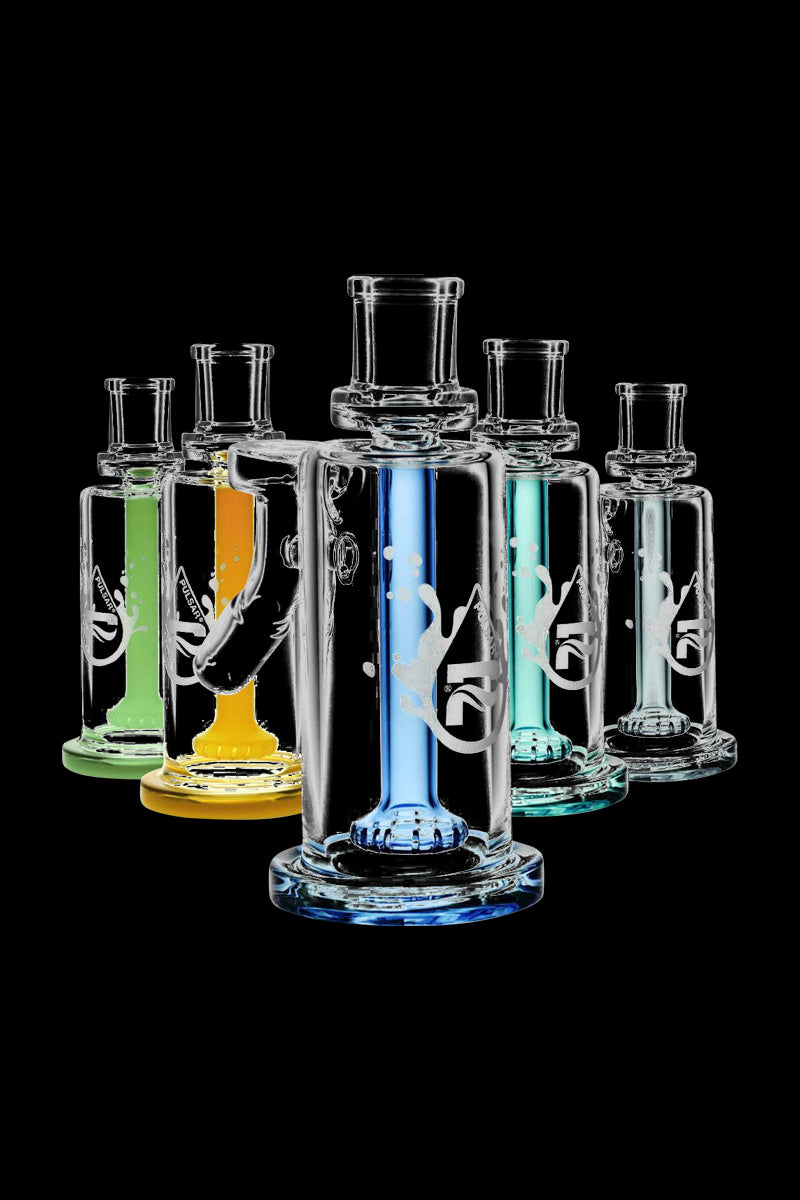 Front-facing group shot of five colorful Pulsar High Class Ash Catcher - 45 Degree pieces on black, the center one showing a blue internal tube and etched logo.
