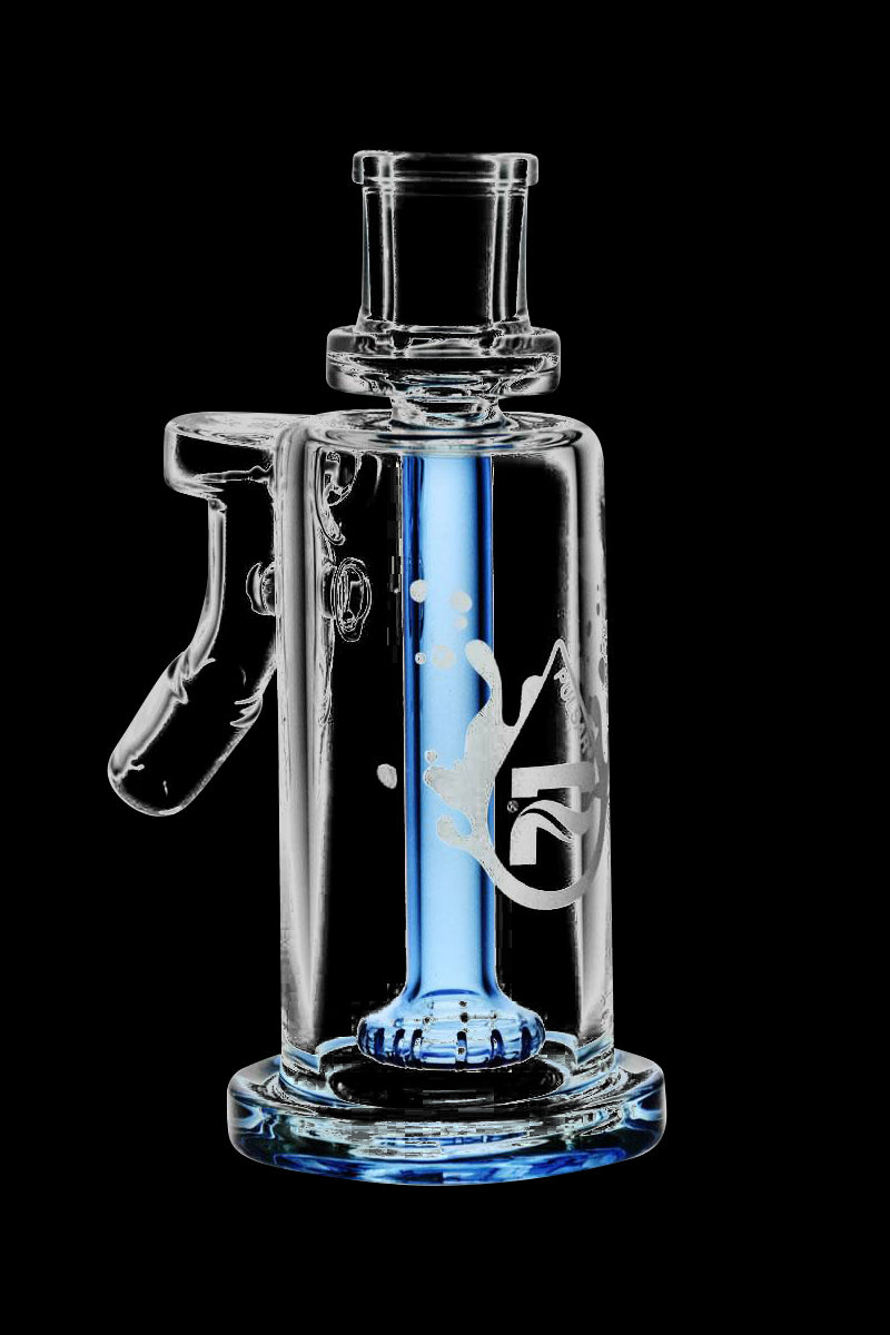 Center-frontal view of the Pulsar High Class Ash Catcher - 45 Degree showing a clear glass body with a vivid blue inner tube and etched logo against a black background.
