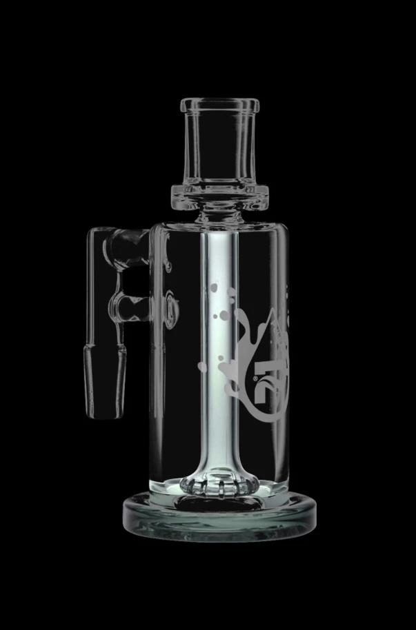Centered front view of the Pulsar High Class Ash Catcher on a black background, showing its clear glass chamber and percolator.