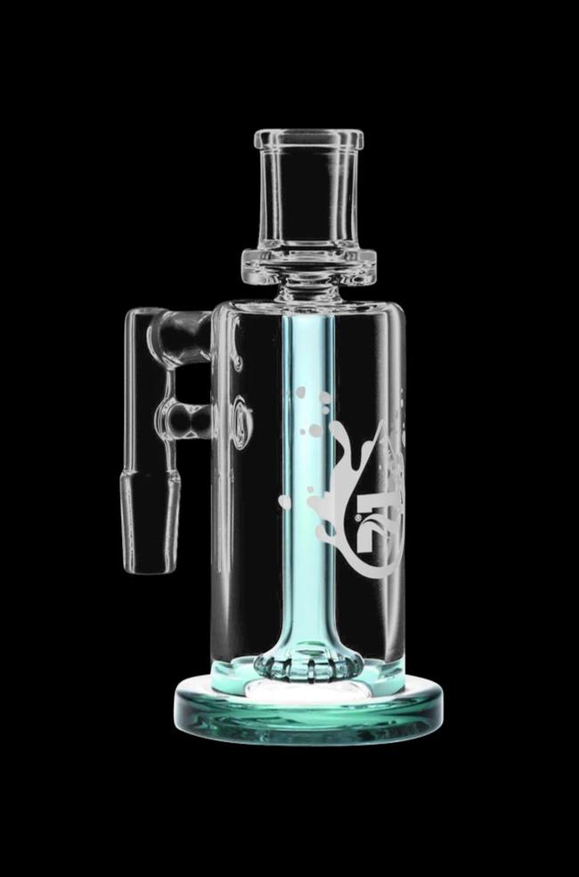 Front-lit studio shot of a clear glass Pulsar High Class Ash Catcher with a teal inner tube and white logo against a black background