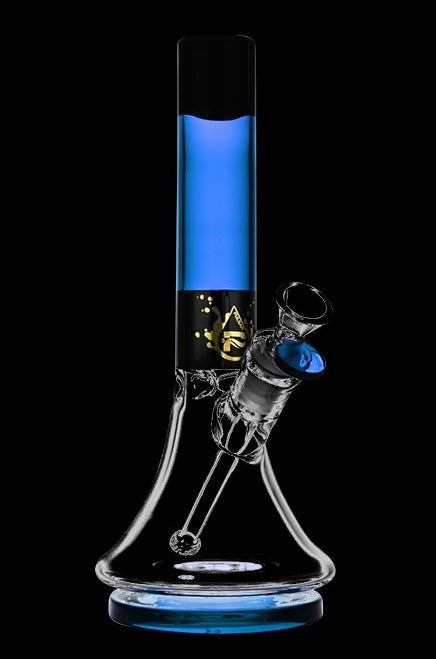 Front view of the Pulsar High Class Beaker Bong, showcasing its clear glass construction with a blue accent near the base.