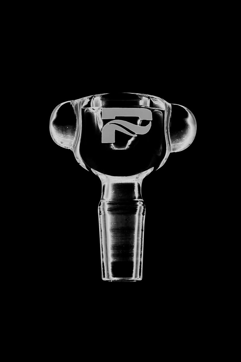 Centered, front-facing close-up of a clear glass Pulsar High End Glass Herb Slide Bowl showing its rounded bowl, side knobs, and logo.