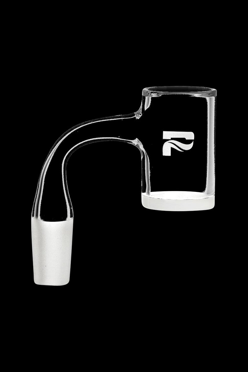 Side profile of a clear glass Pulsar High End Opaque Bottom No Weld Banger with its 90-degree neck and opaque frosted 14.5mm male joint against a black background