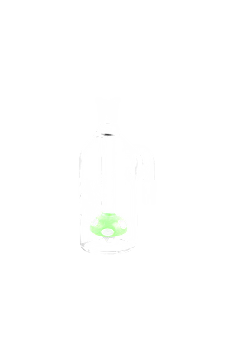 Centered front view of the clear Pulsar Mushroom Perc Ash Catcher with a small bright green mushroom percolator visible at the base.