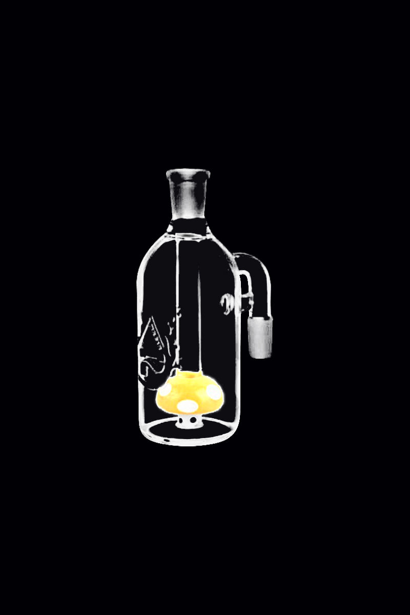Centered front view of a clear glass Pulsar Mushroom Perc Ash Catcher showing a small yellow mushroom percolator inside against a black background