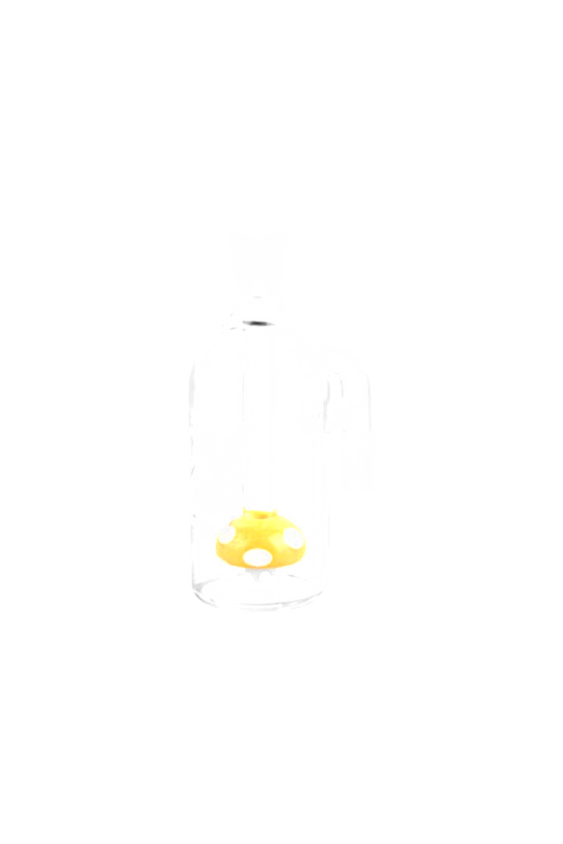 Center-frontal view of the Pulsar Mushroom Perc Ash Catcher showing a clear glass chamber with a small yellow mushroom percolator and white spots inside.