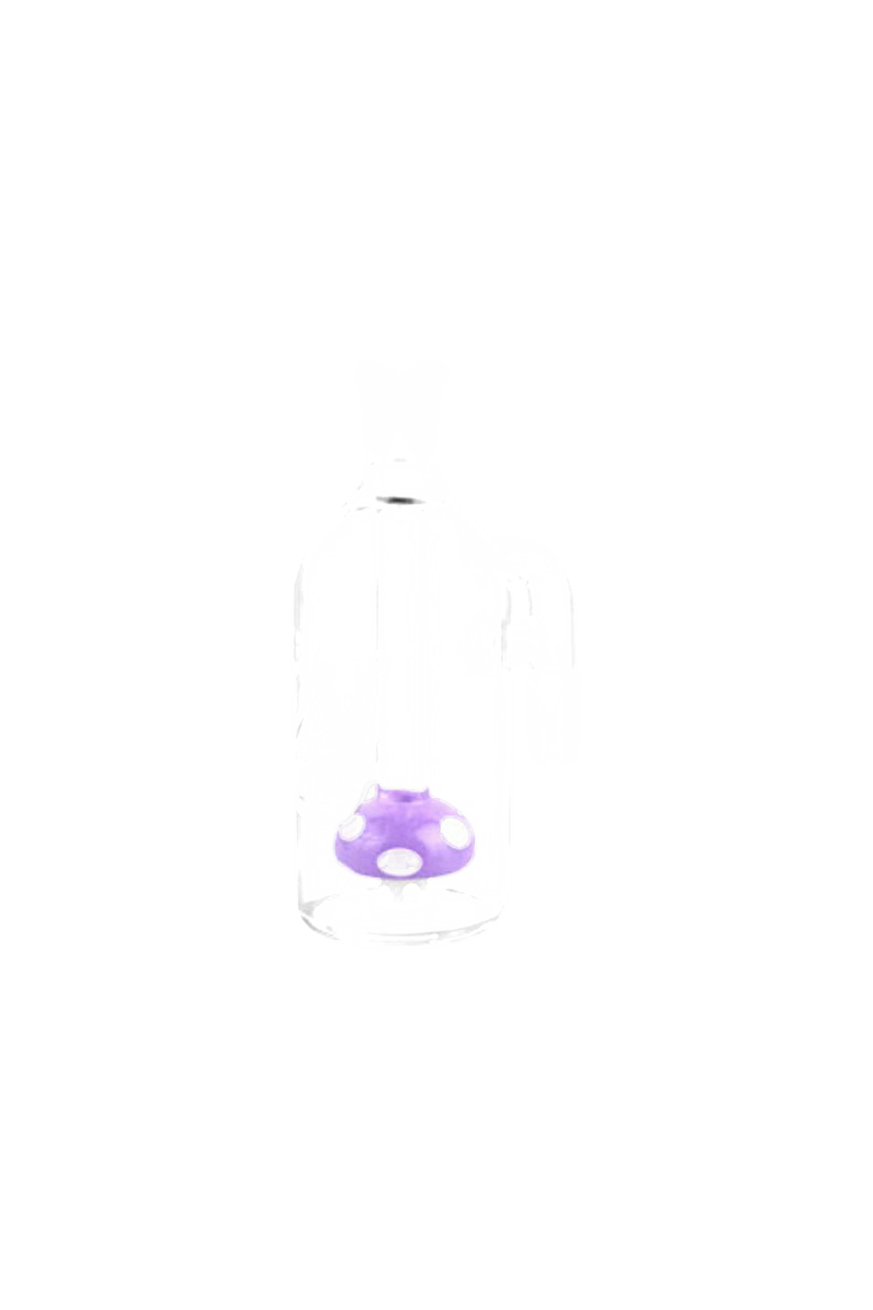 Centered front view of a clear glass ash catcher featuring a purple mushroom percolator, labeled Pulsar Mushroom Perc Ash Catcher