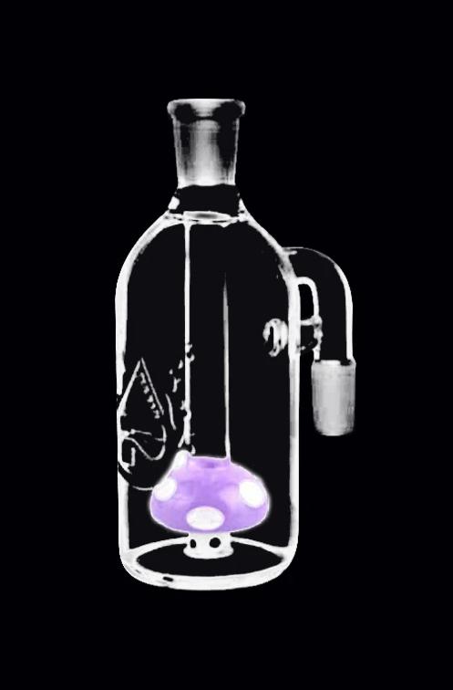 Center-front view of a clear Pulsar Mushroom Perc Ash Catcher showing a suspended purple mushroom perc inside a cylindrical glass body against a black background.