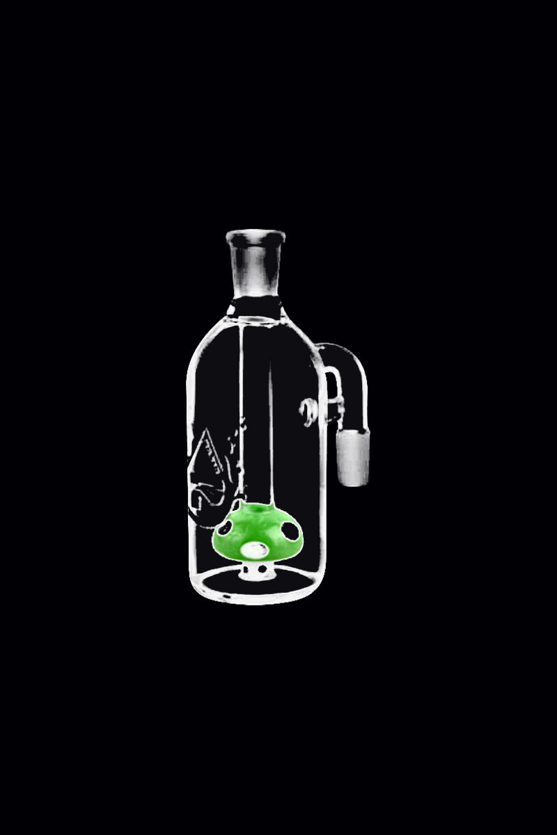 Centered front view of a clear glass Pulsar Mushroom Perc Ash Catcher with a small green mushroom percolator inside against a black background