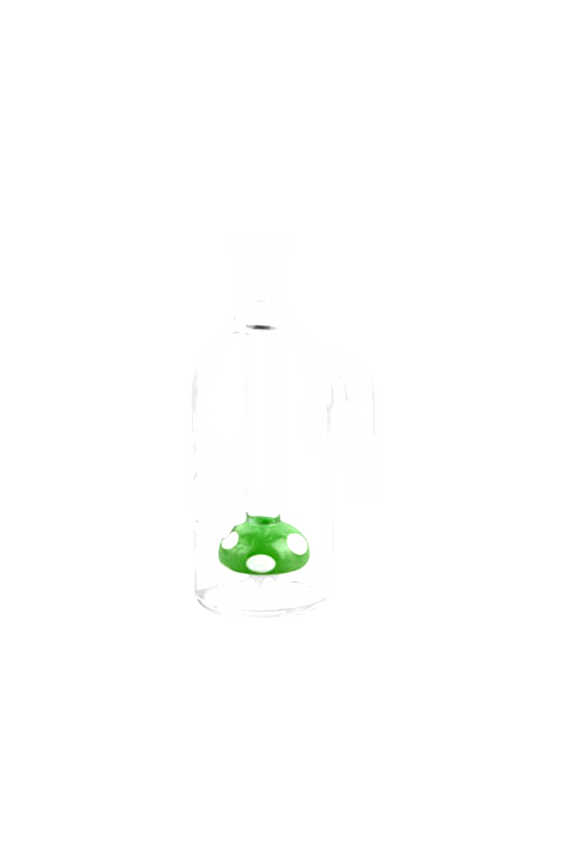 Centered front view of a glass ash catcher featuring a bright green mushroom percolator inside, labeled Pulsar Mushroom Perc Ash Catcher.