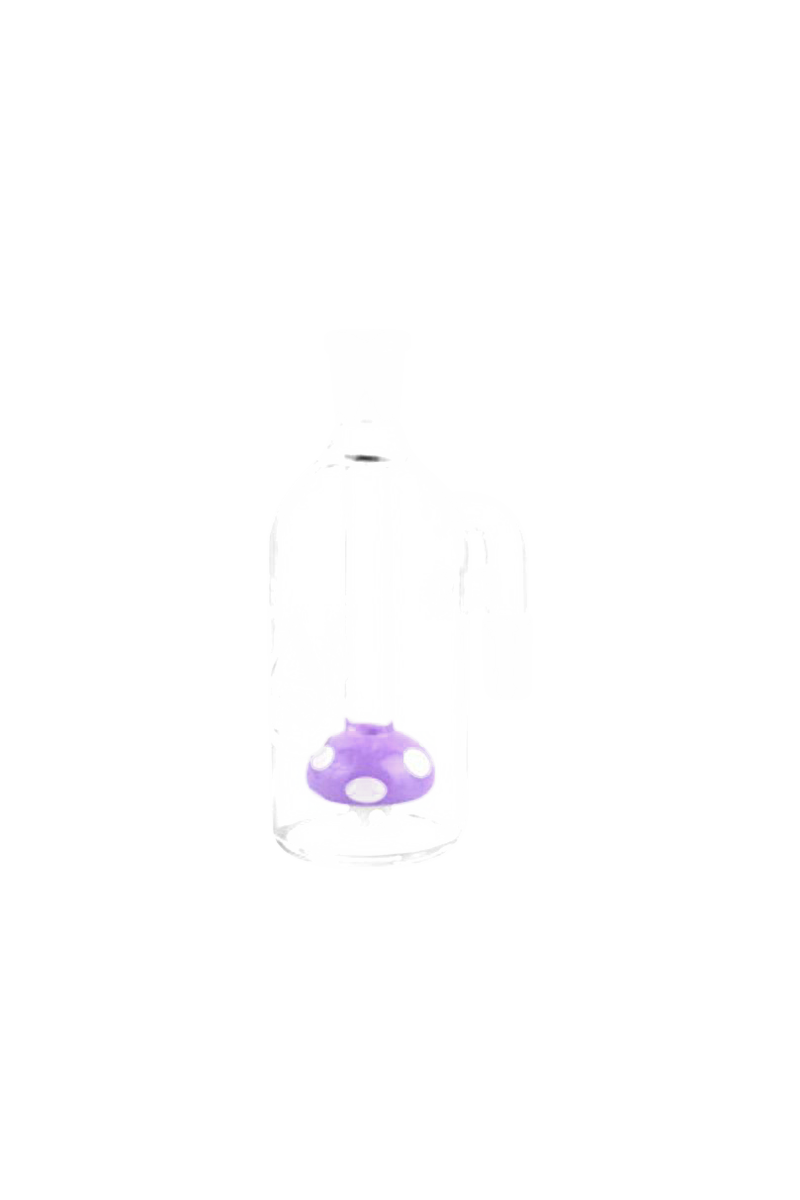 Center-front view of the Pulsar Mushroom Perc Ash Catcher showing a clear glass chamber with a small purple mushroom percolator inside.