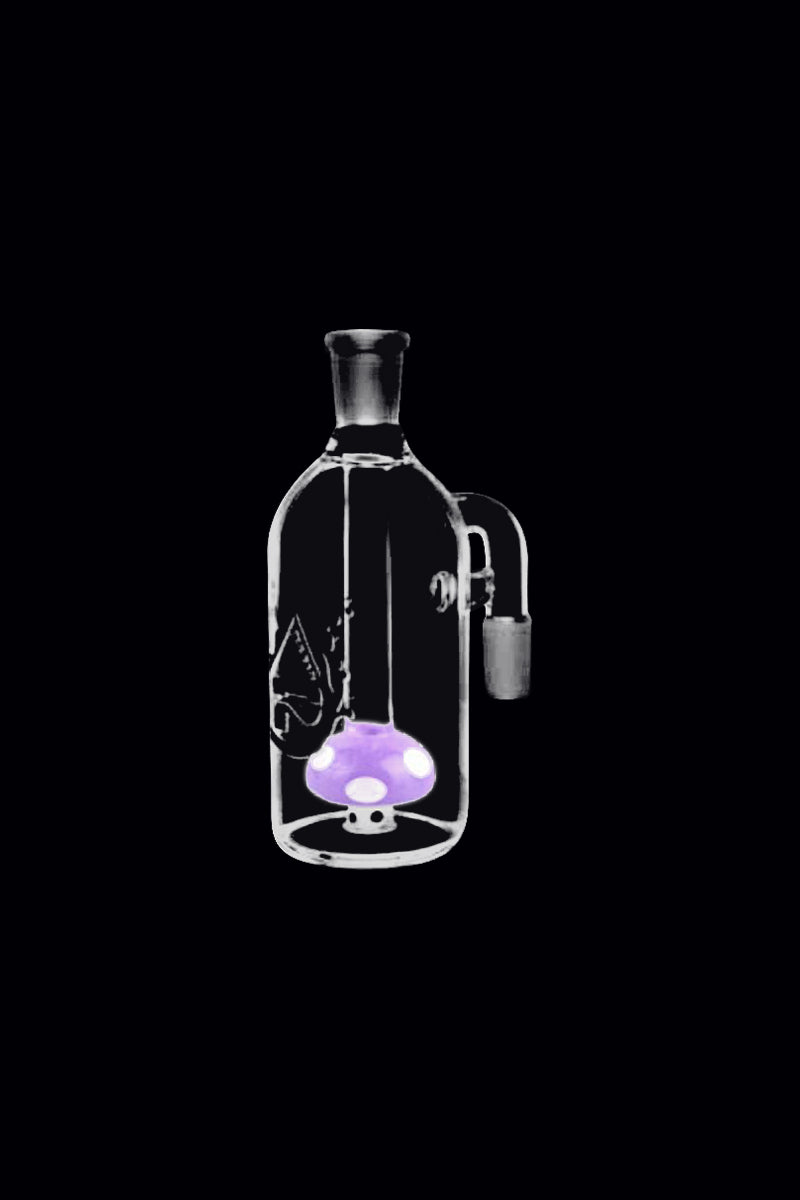 Centered front view of the Pulsar Mushroom Perc Ash Catcher showing a clear glass chamber with a glowing purple mushroom perc inside against a black background