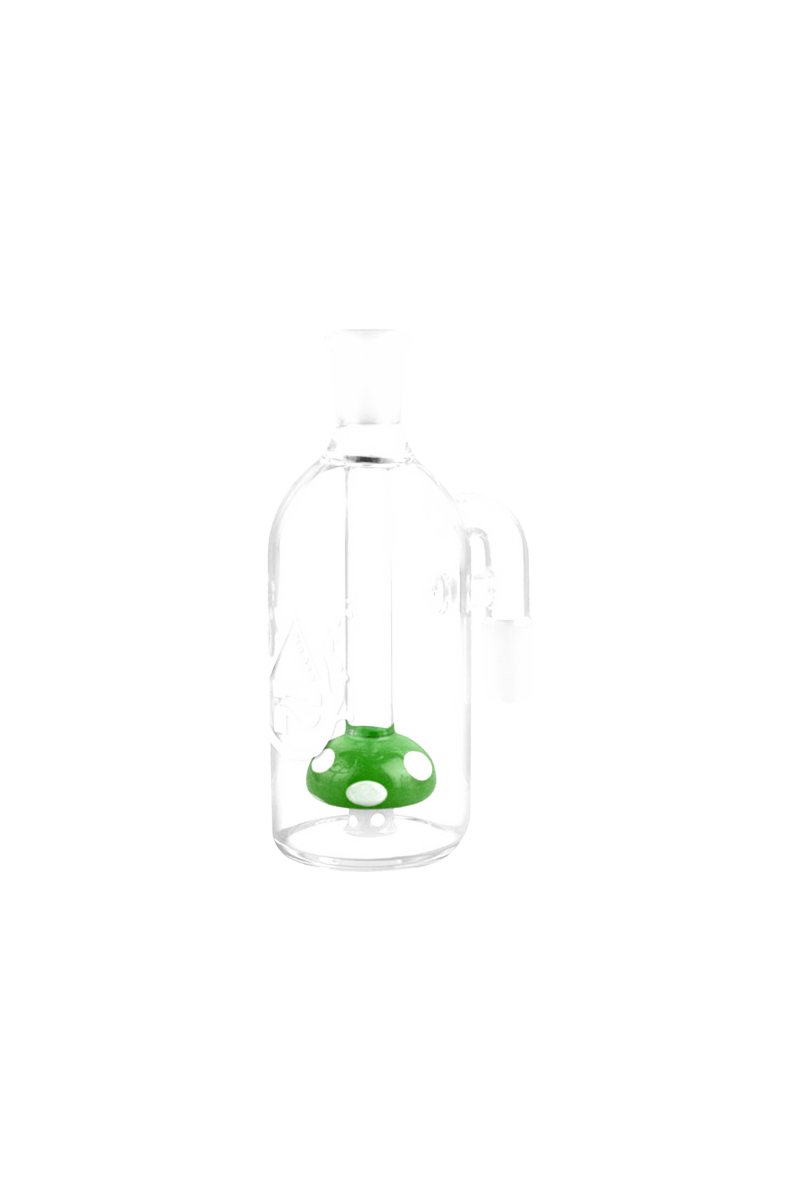 Centered front view of the Pulsar Mushroom Perc Ash Catcher showing a clear glass body with a green mushroom percolator inside.