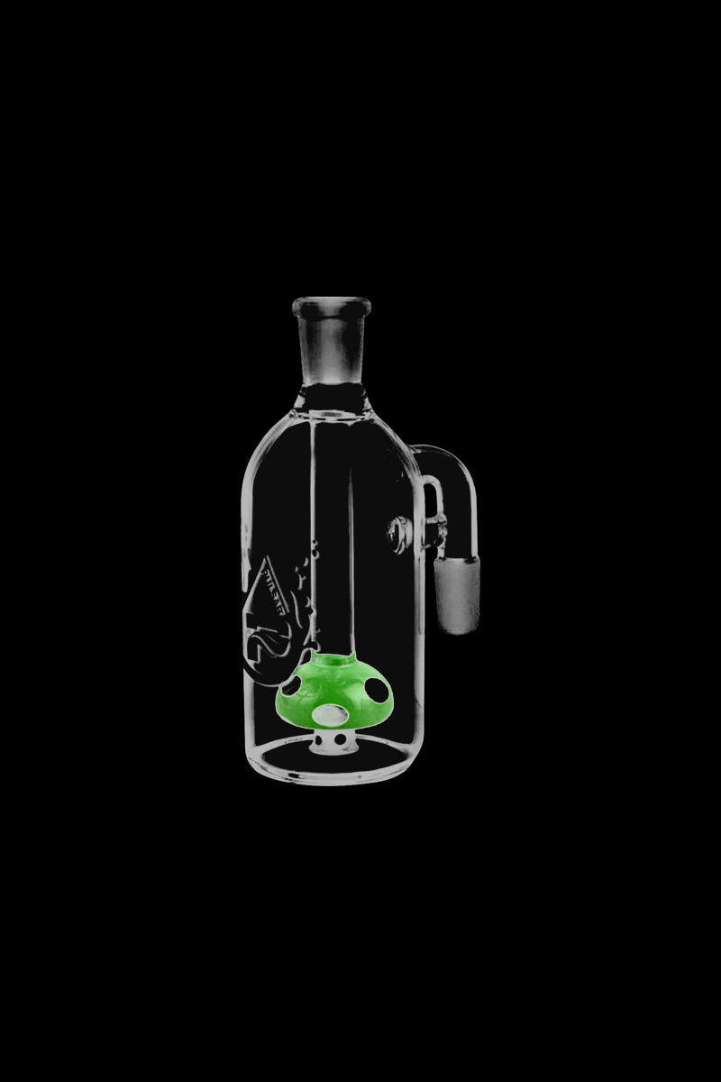 Centered close-up of a clear glass Pulsar Mushroom Perc Ash Catcher showing a green mushroom percolator inside against a black background