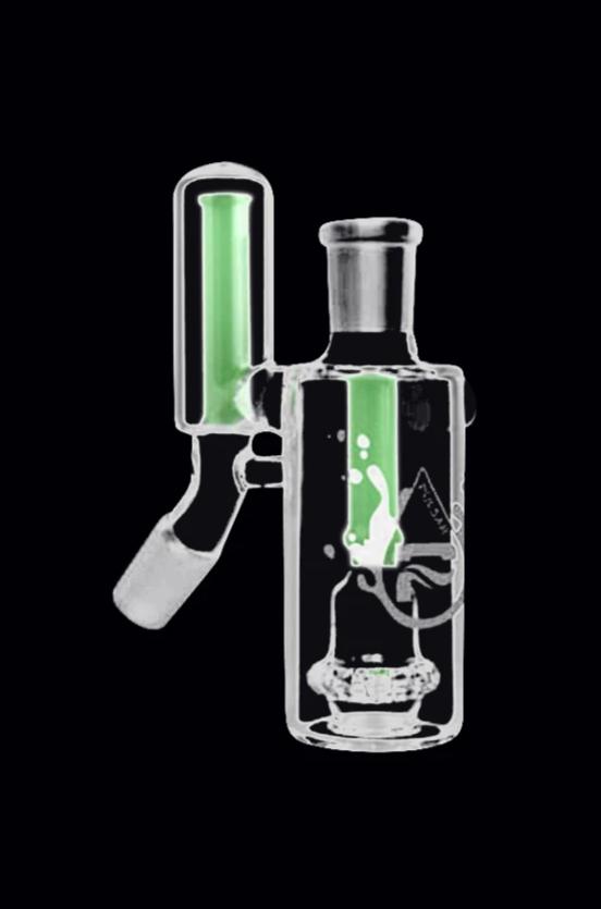 Angled front view of a clear glass piece with green inner chambers against a black background, labeled Pulsar "No Ash" Dual Chamber Ashcatcher