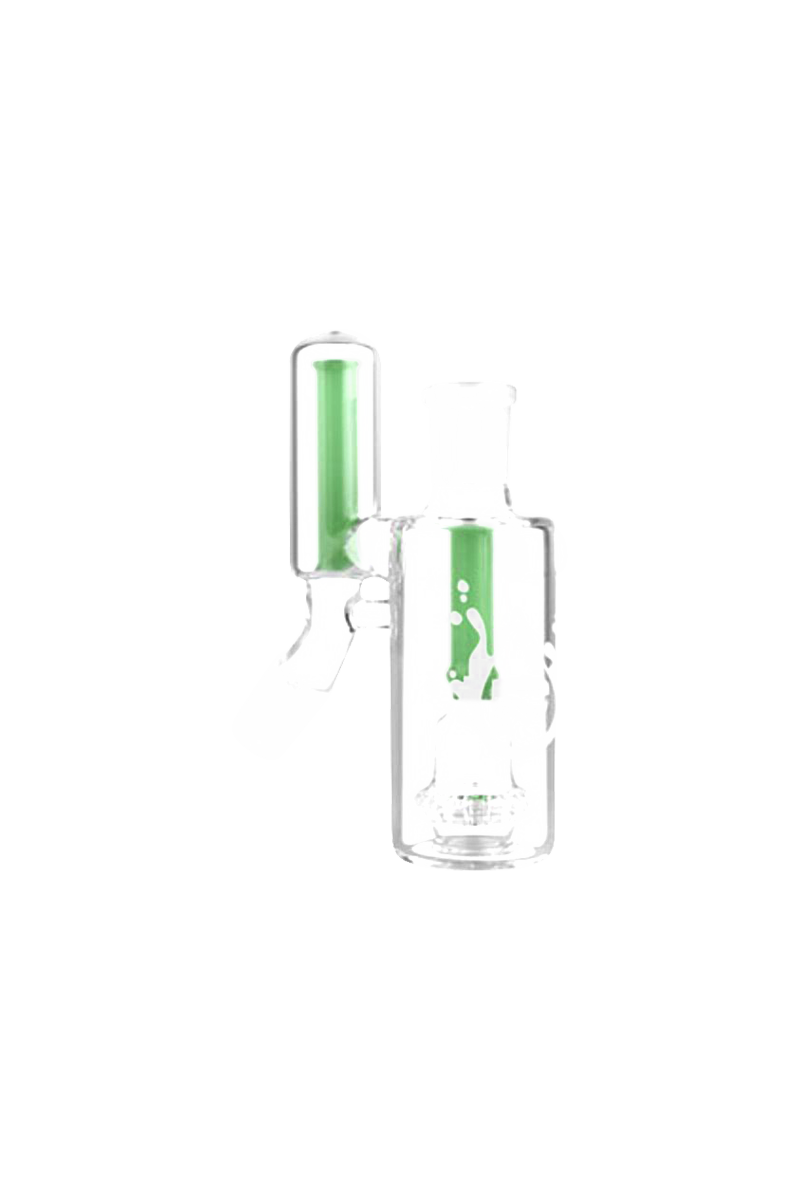 Centered front view of a clear glass Pulsar "No Ash" Dual Chamber Ashcatcher featuring two green internal tubes and a white logo on a white background