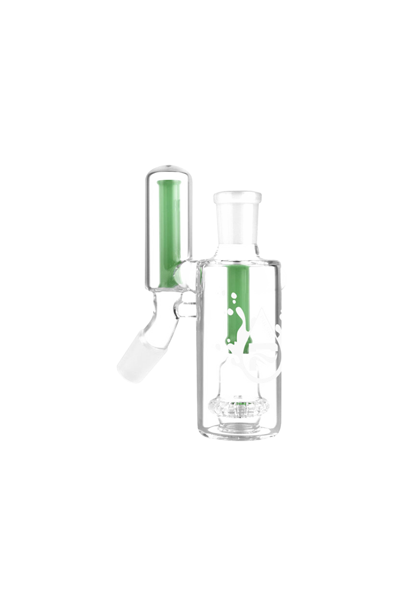 Centered front view of the Pulsar "No Ash" Dual Chamber Ashcatcher showing clear glass with a vertical green inner tube and white logo accents.