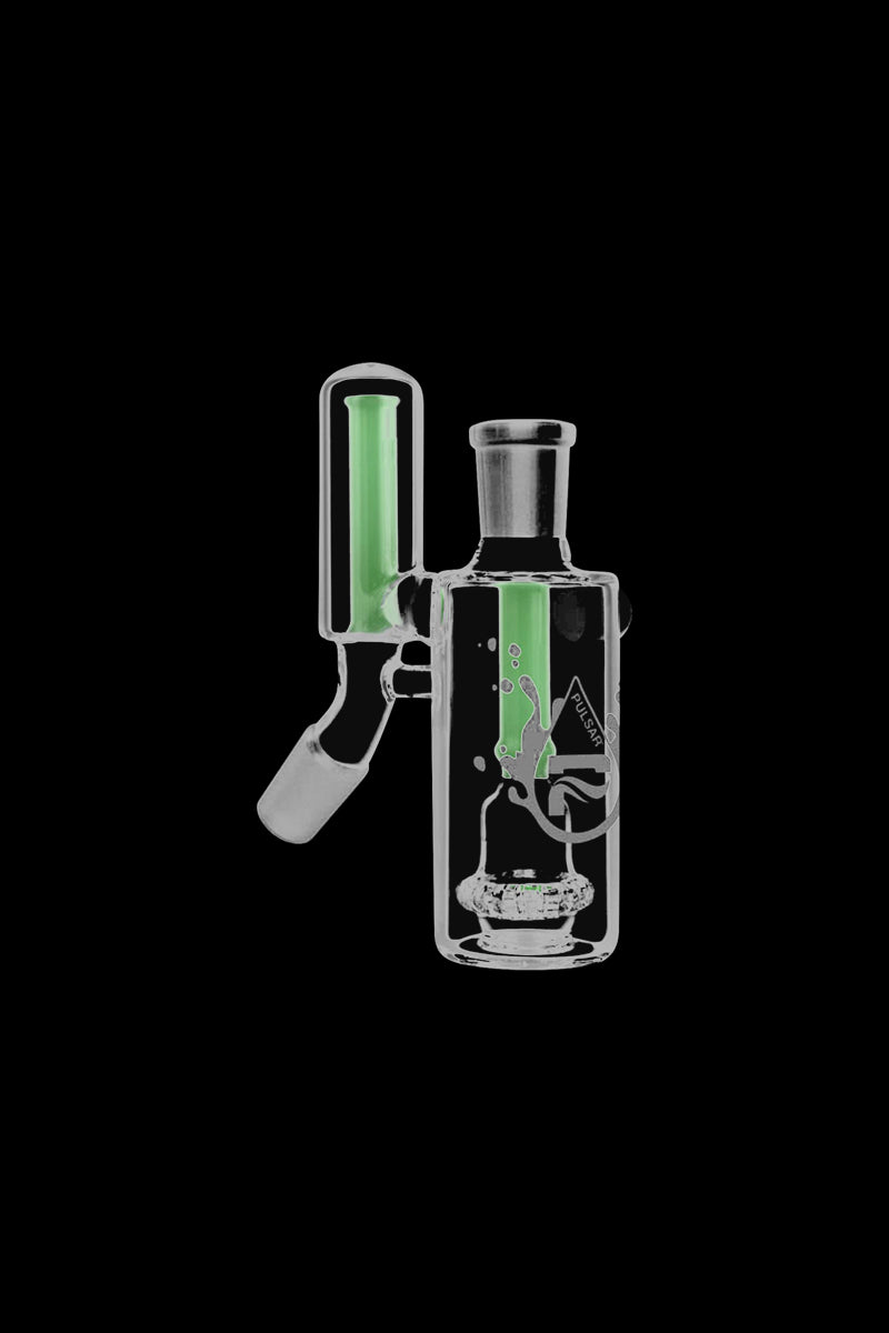 Front-facing view of a clear glass Pulsar "No Ash" Dual Chamber Ashcatcher with neon green inner tubes against a black background.