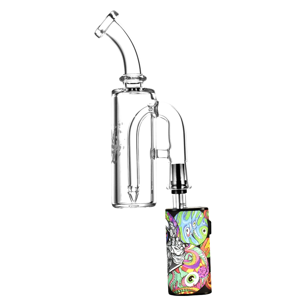 A front view of the Pulsar Petite Pocket Cart Rig Bubbler for Vapes, showing its clear glass construction and compact size.