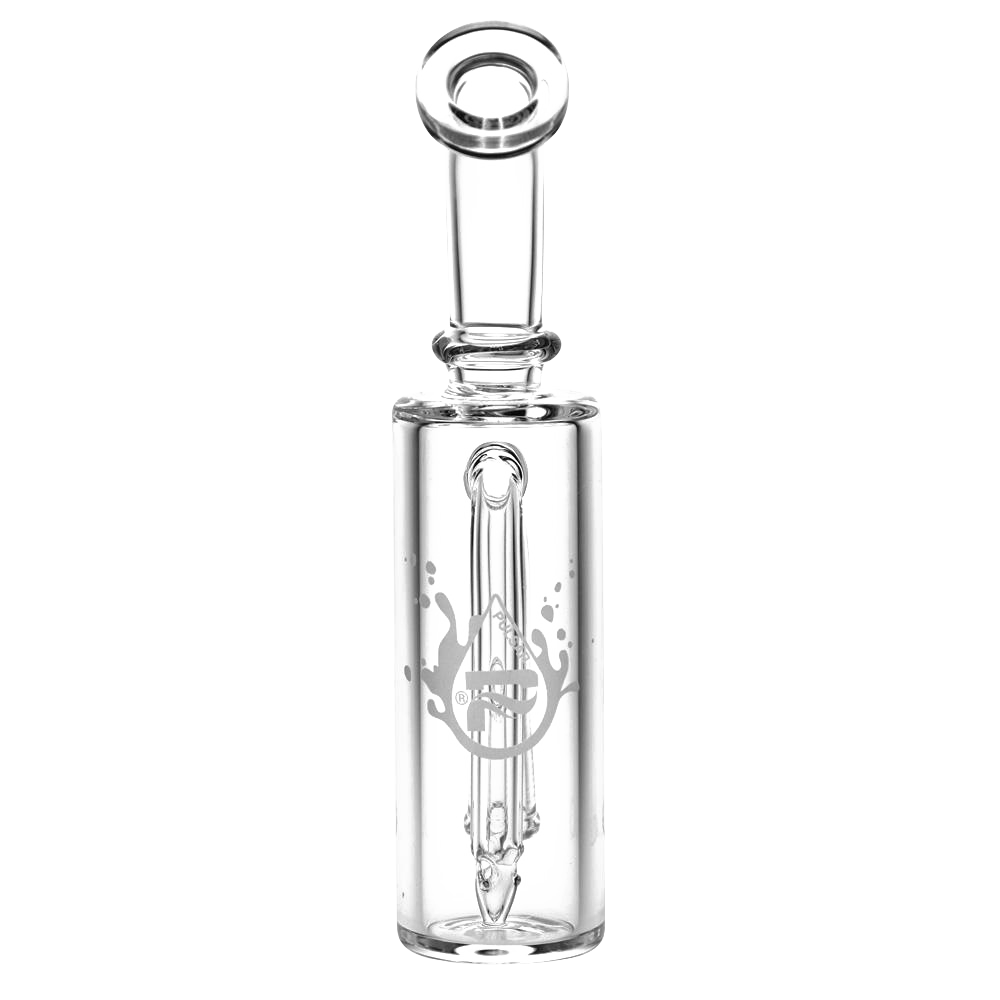 Front view of the Pulsar Petite Pocket Cart Rig Bubbler for Vapes, showcasing its clear glass construction and compact size.
