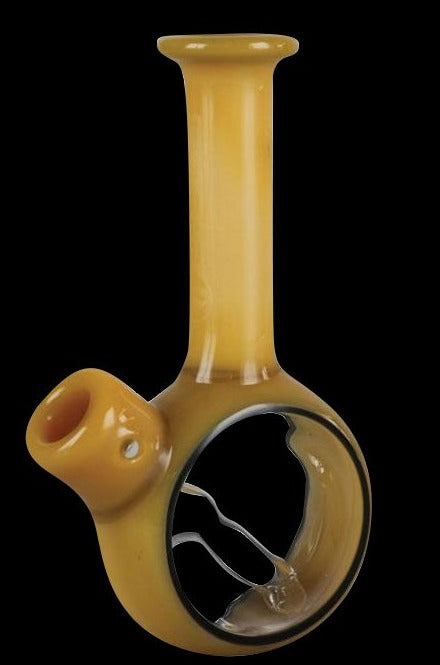 A close-up, angled view of the Pulsar Pocket Bubbler, showing its rounded glass form and compact size.