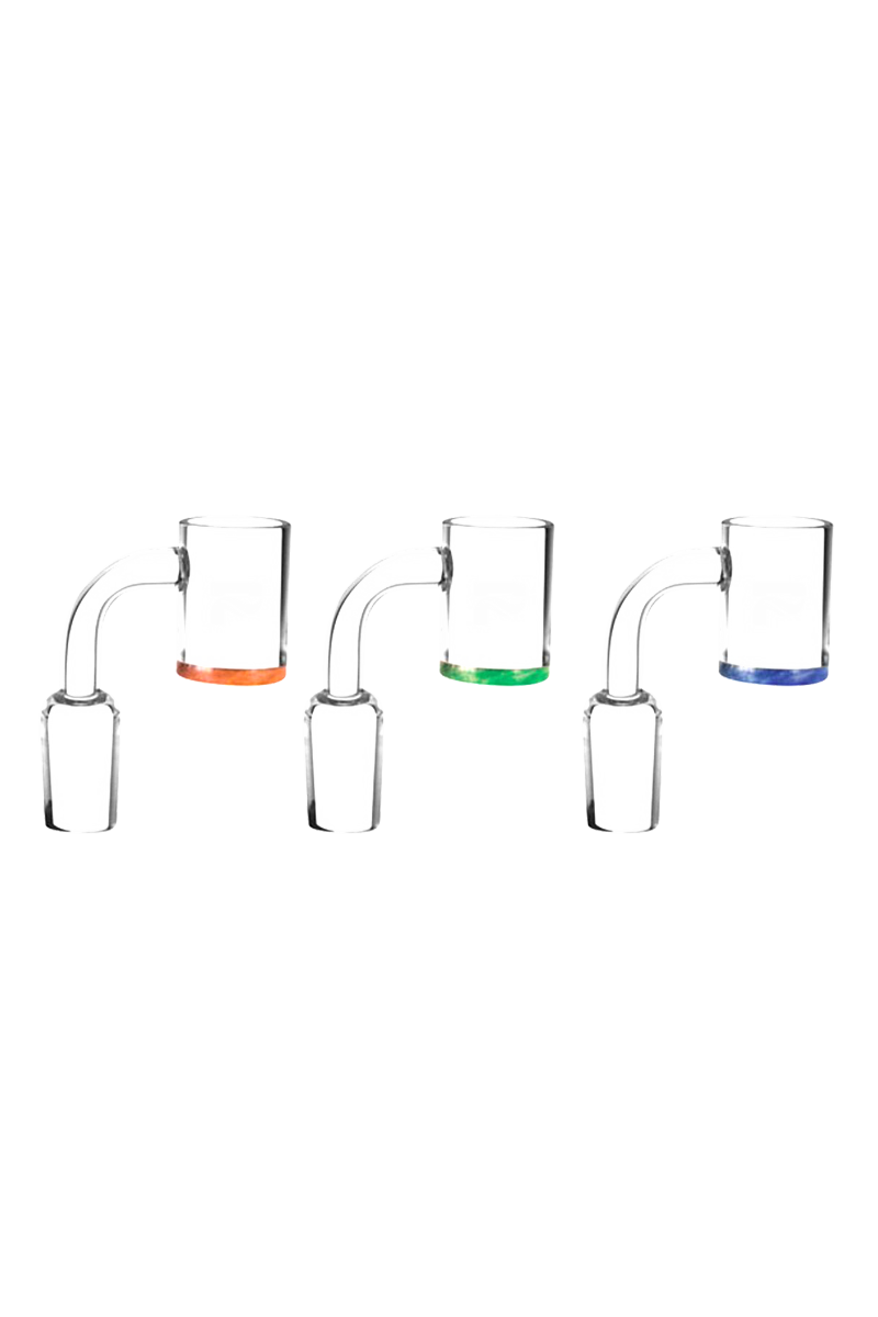 Front-facing trio of Pulsar Colored Bottom Quartz Banger pieces with orange, green, and blue colored rims visible beneath clear glass bowls.