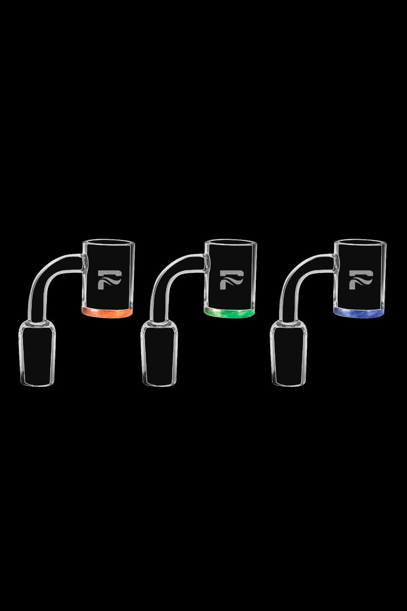Three-quarter front view of three Pulsar Colored Bottom Quartz Banger pieces lined up on a black background showing orange, green, and blue colored bases.