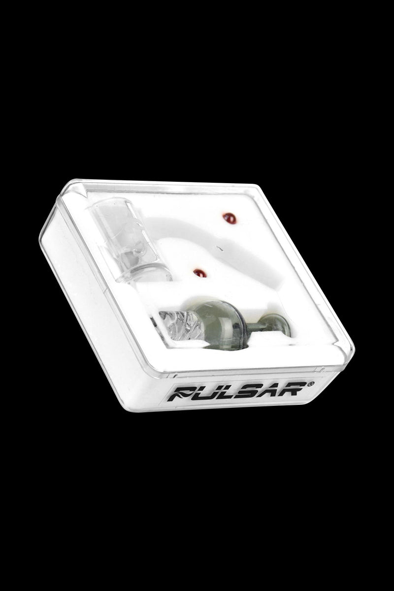 Angled top-down view of the Pulsar Quartz Banger with Helix Carb Cap in white foam packaging against a black background.