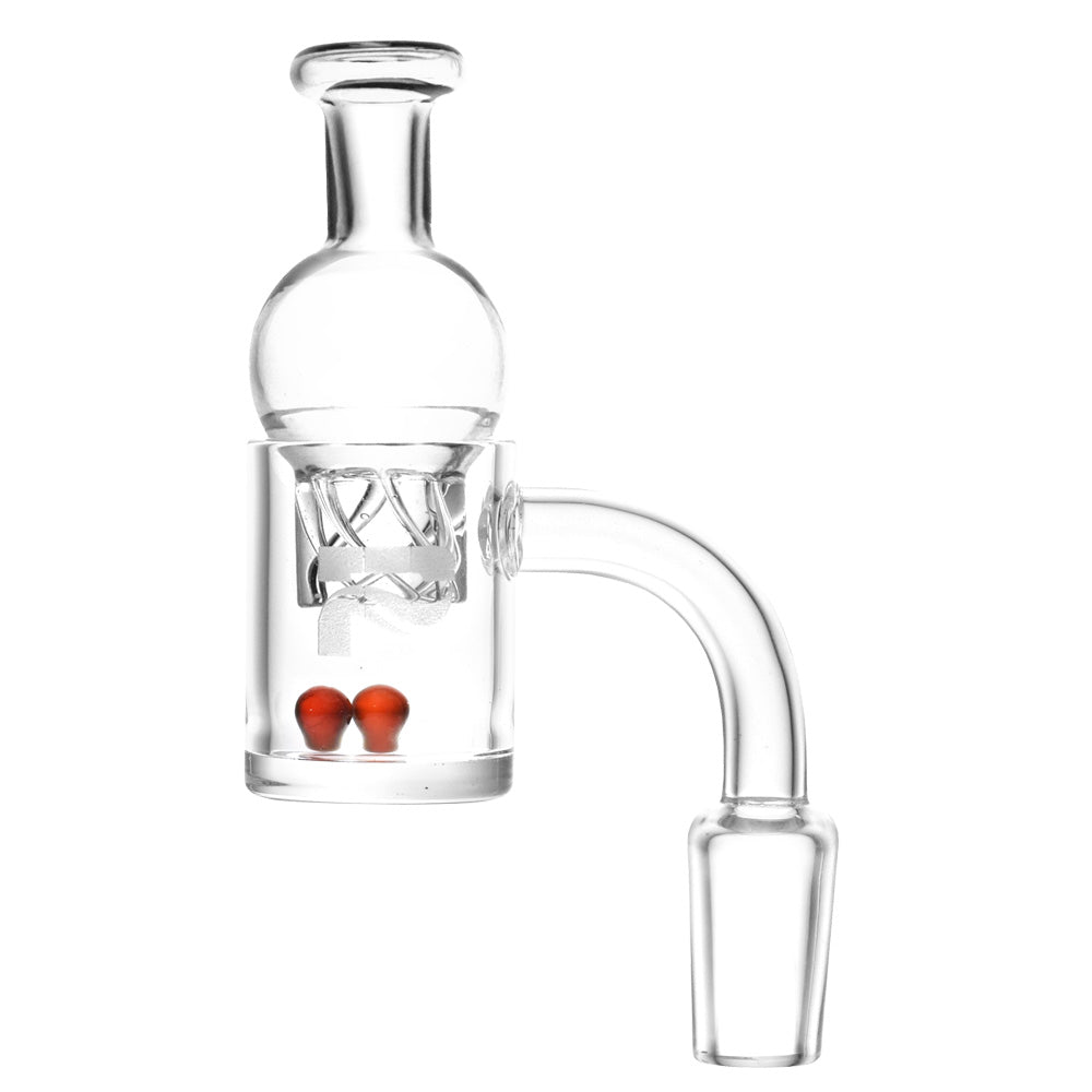 Side view of a clear glass Pulsar Quartz Banger with Helix Carb Cap showing a 90-degree joint, internal helix percolator and two small red marbles.