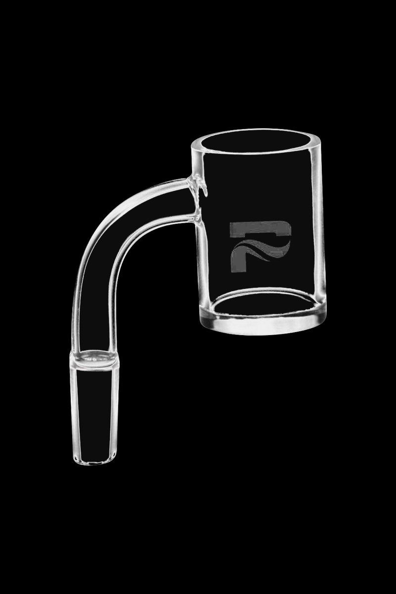 Angled side view of a clear glass Pulsar Quartz Fat Bottom 90 Degree Banger against a solid black background.
