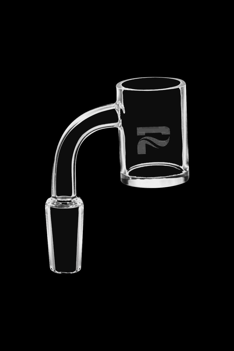 Angled side view of a clear glass Pulsar Quartz Fat Bottom 90 Degree Banger against a solid black background.