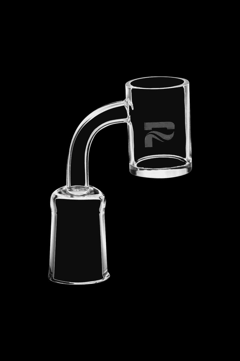 Angled close-up of the clear glass Pulsar Quartz Fat Bottom 90 Degree Banger showing its 90-degree neck and thick flat-bottomed bucket against a black background