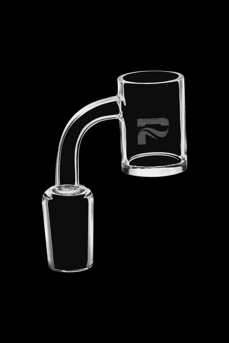 Angled close-up of a clear glass Pulsar Quartz Fat Bottom 90 Degree Banger against a black background, showing the curved neck and thick-walled bucket.