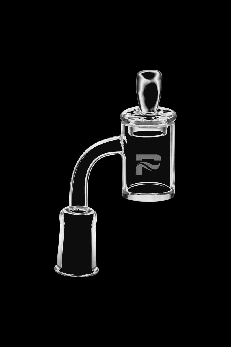Angled side view of the clear Pulsar Quartz Fat Bottom 90 Degree Banger against a black background, showing its curved neck, bucket chamber, and top cap.