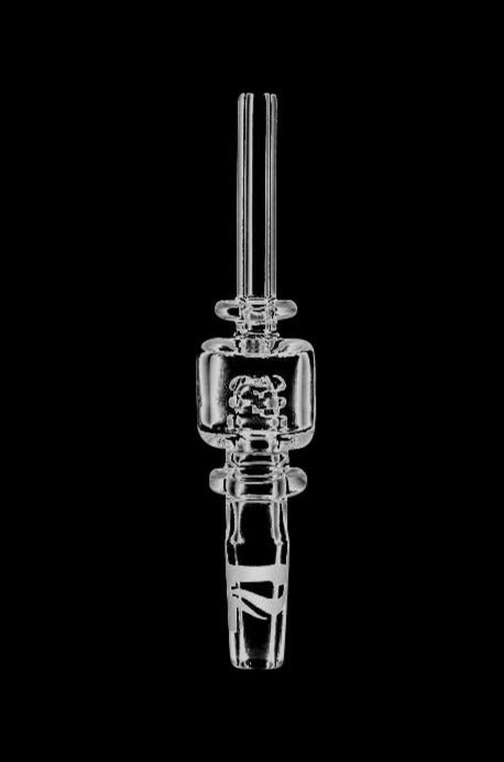 A close-up view of the Pulsar Quartz Vapor Straw Tip with Honey Catcher, showcasing its clear glass construction and angled design.