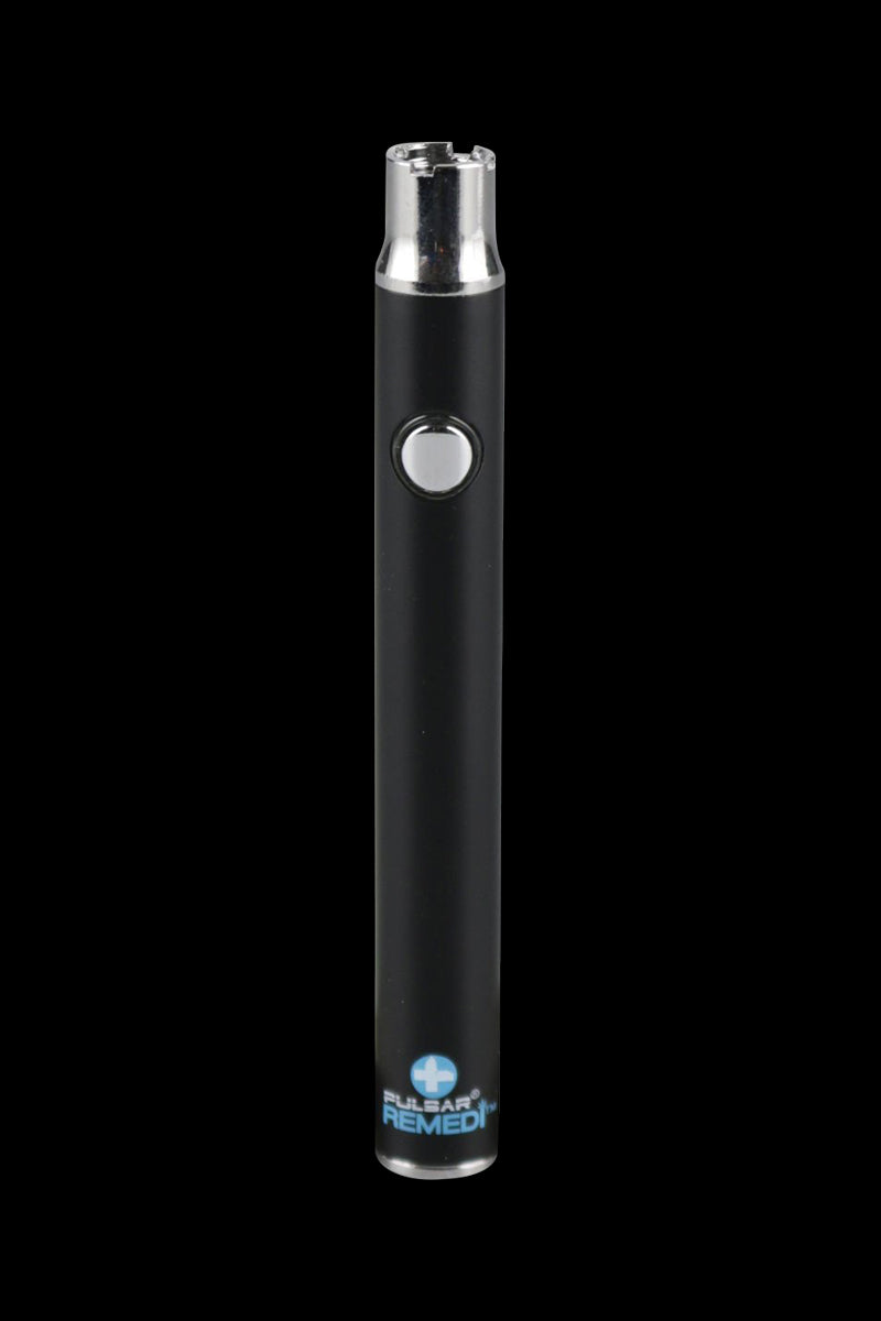 A front view of the Pulsar ReMEDi Variable Voltage Battery with Preheat, showcasing its sleek black cylindrical design.