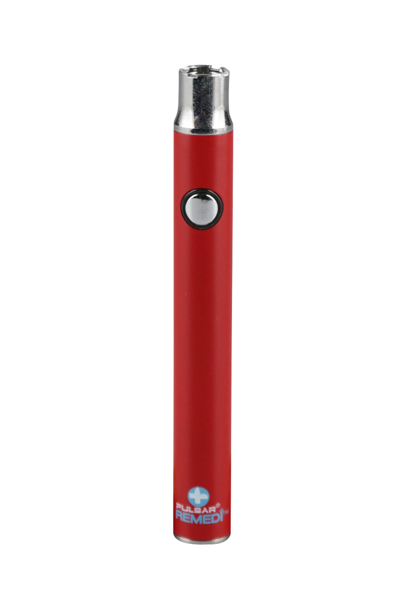 Close-up view of the Pulsar ReMEDi Variable Voltage Battery with Preheat, showcasing its sleek, metallic finish and minimalist design.