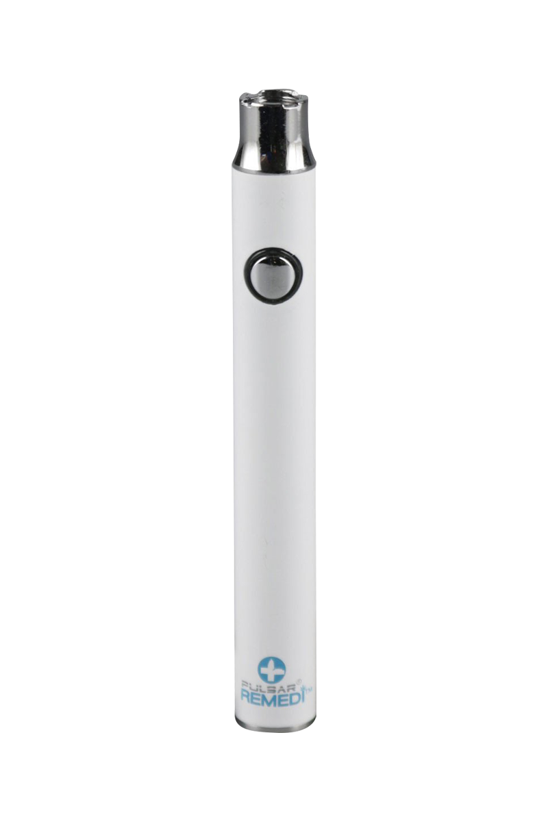Front view of the Pulsar ReMEDi Variable Voltage Battery with Preheat, showing a sleek, silver cylindrical design.