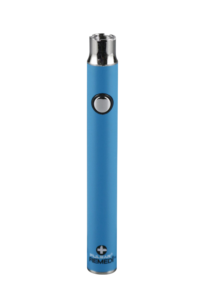 Front view of the Pulsar ReMEDi Variable Voltage Battery with Preheat, a sleek, silver-and-blue device against a plain white backdrop.