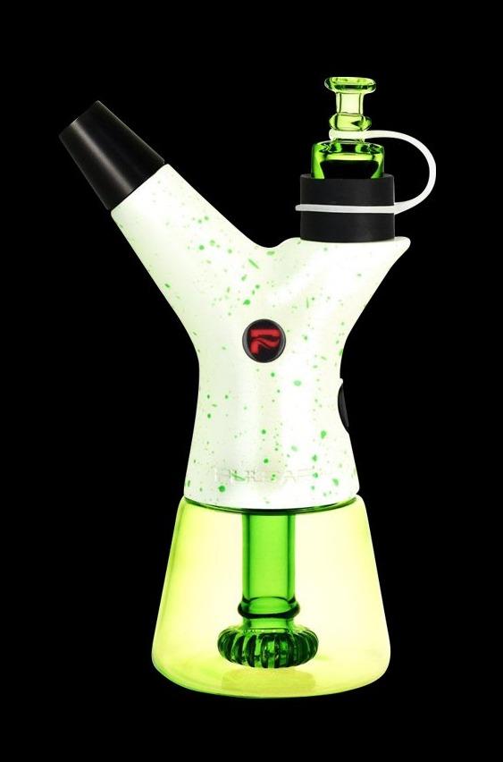 White and green glass rig with a black mouthpiece, used for vaporizing concentrates.