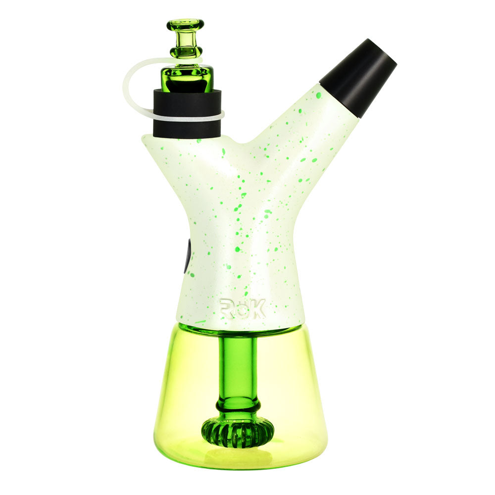 Frosted green glass rig with black accents and a green downstem.