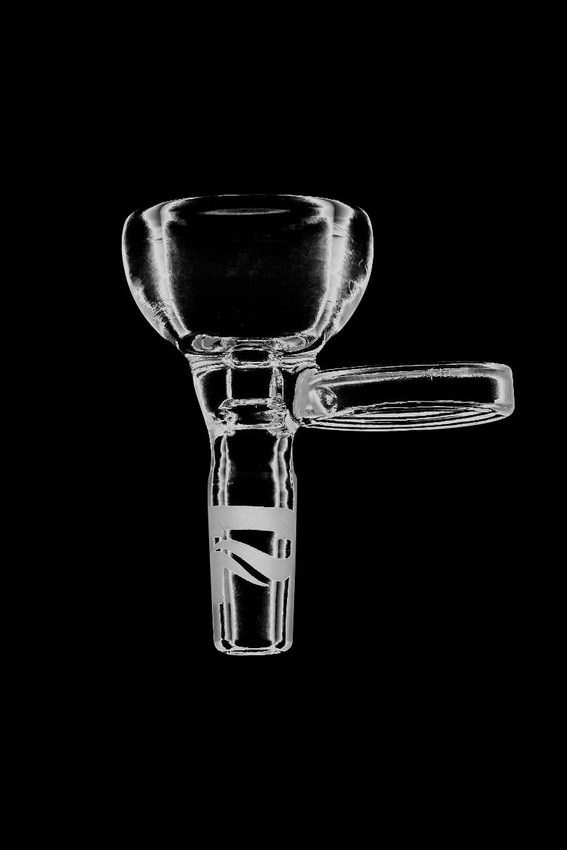 Close-up front view of a clear glass Pulsar Rounded Bowl Herb Slide with Handle against a black background, showing the rounded bowl, short stem, and side handle.