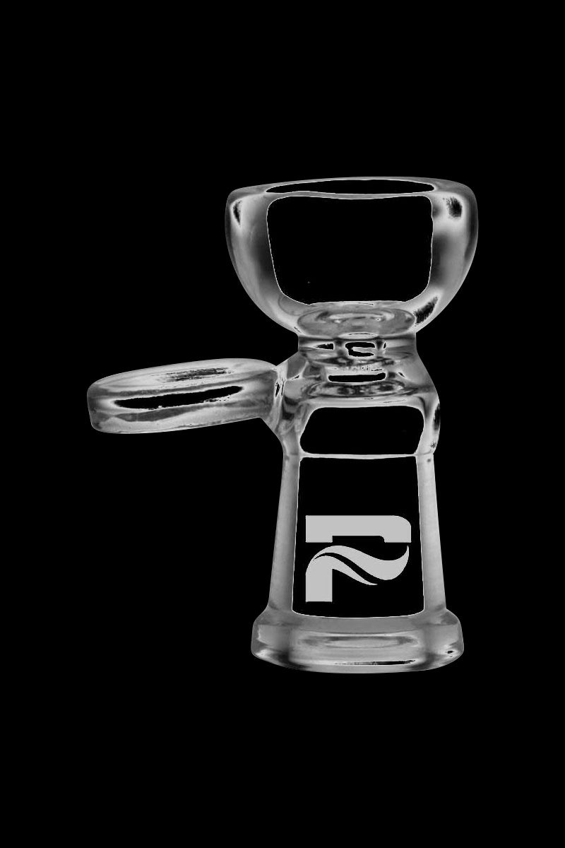 Close-up front view of the clear Pulsar Rounded Bowl Herb Slide with Handle against a solid black background, showing the rounded bowl, side handle, and branded logo on the base.