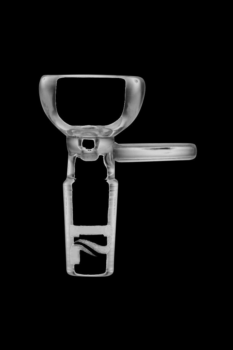 Center-frontal view of a clear glass Pulsar Rounded Bowl Herb Slide with Handle against a black background, showing the bowl, short handle, and hollow downstem.