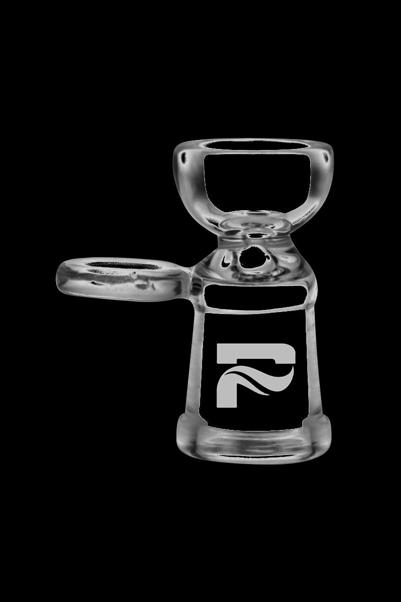 Studio-lit front view of a clear Pulsar Rounded Bowl Herb Slide with Handle against a black background.