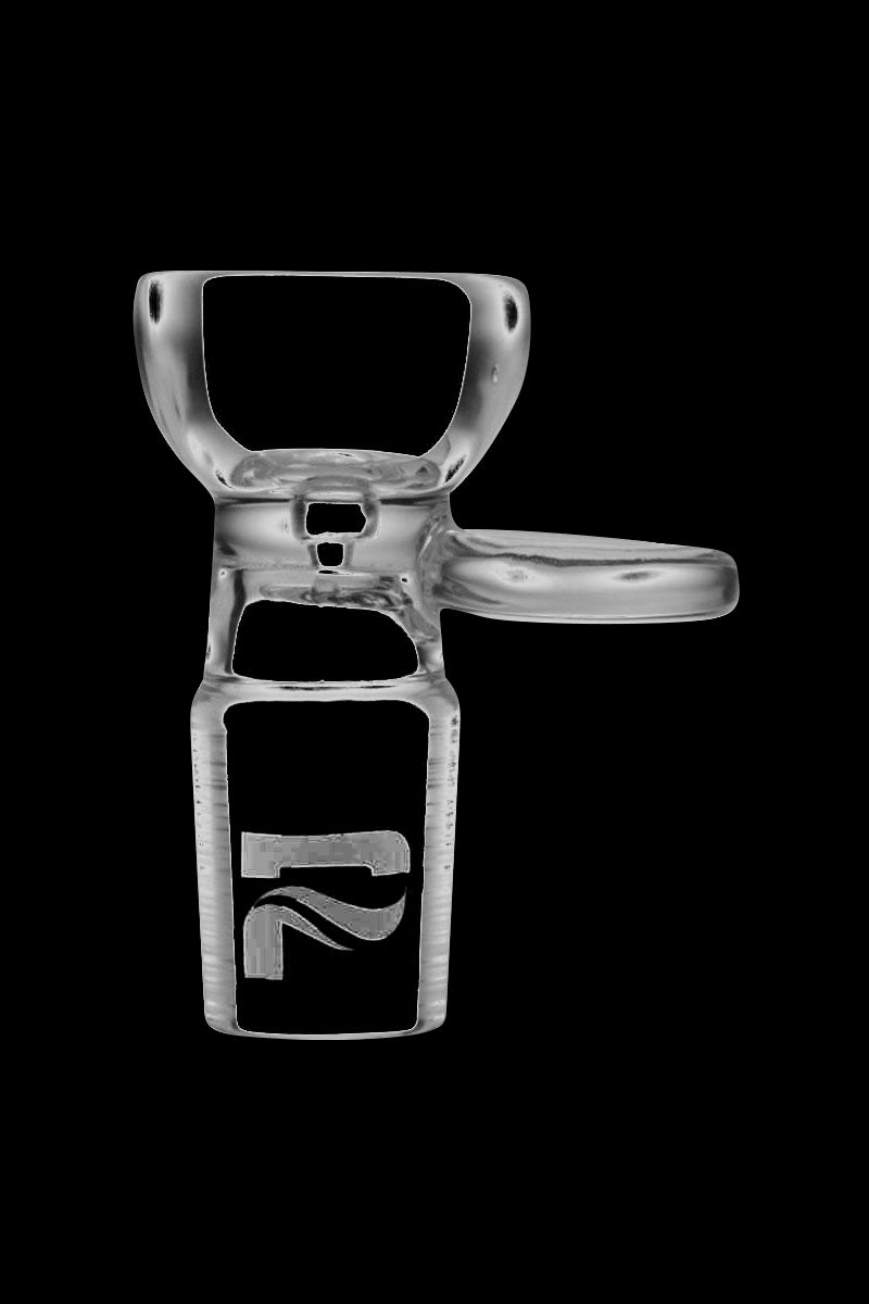 Close-up front view of the clear Pulsar Rounded Bowl Herb Slide with Handle against a black background, showing the bowl, side handle, and etched logo on the male joint.